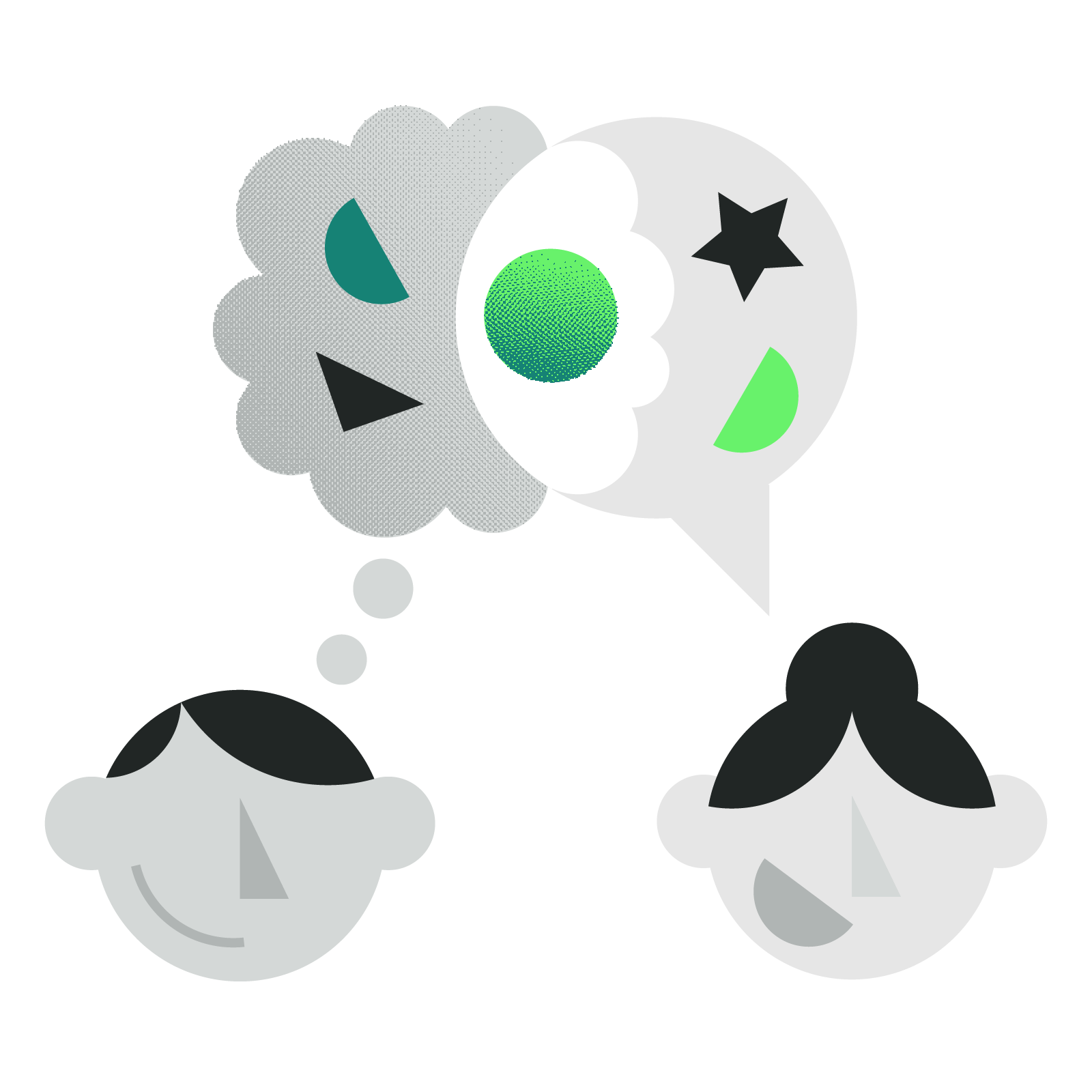 Manifesto illustration - artful content. Two faces, one talking, the other thinking, with design form appearing in the dialogue