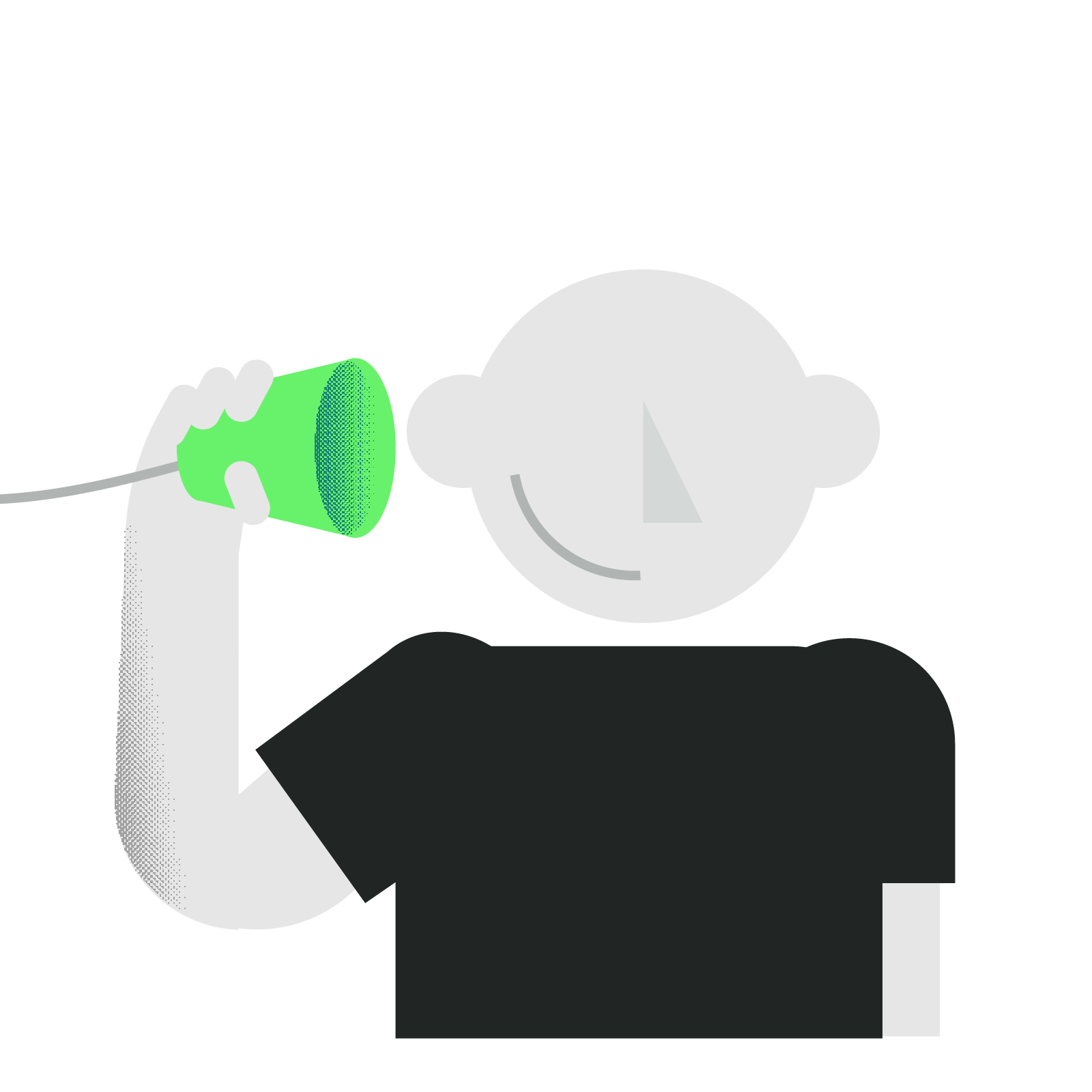 MaManifesto illustration - collaborative and inclusive. A person listening to a cup and string telephone.