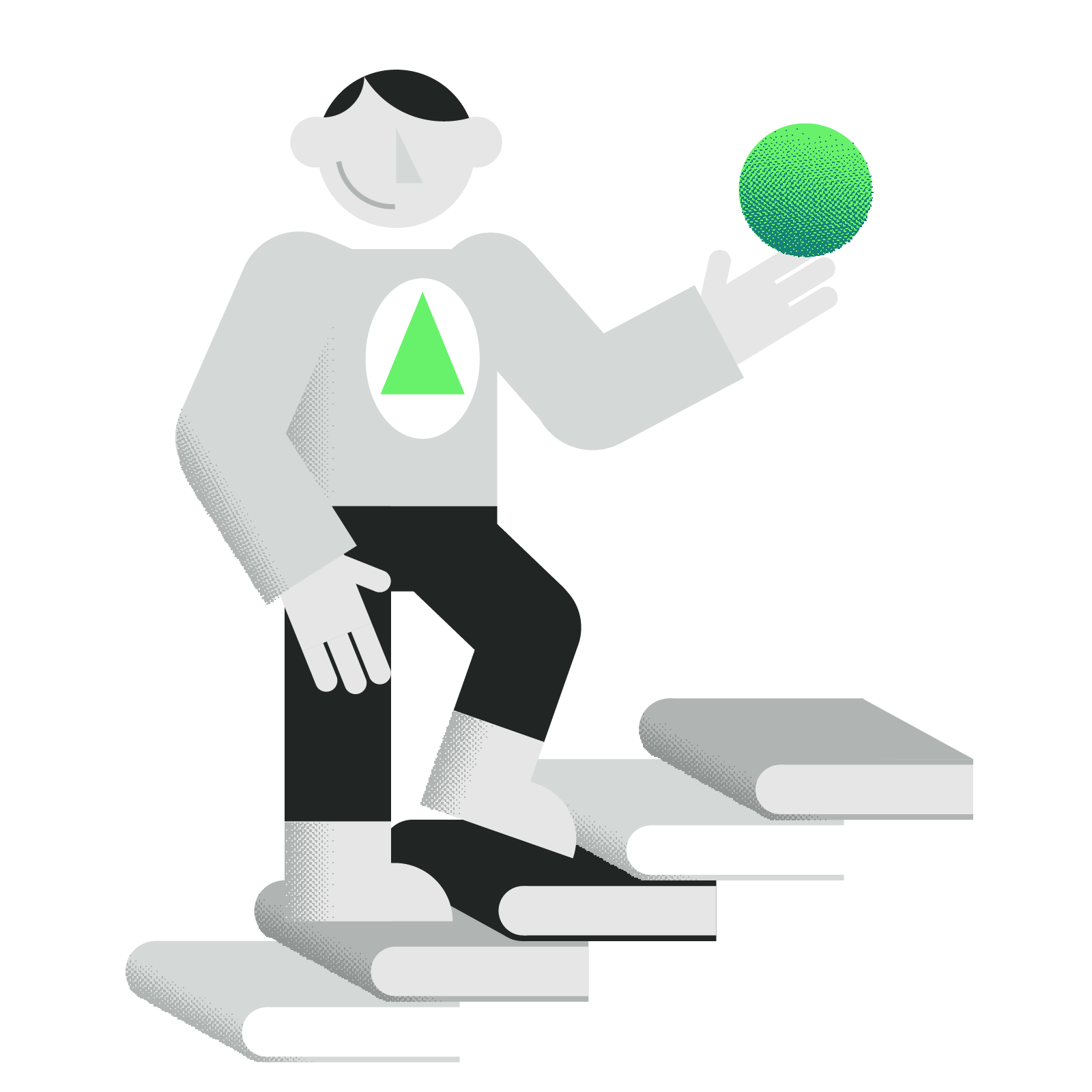 Manifesto illustration - inquisitive and informed. Person walking up stairs of books toward knowledge
