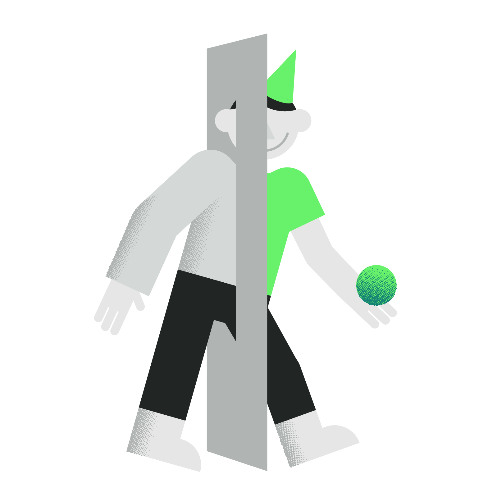 Manifesto illustration - work environment. A person walking through a doorway, transforming from business to fun mode.