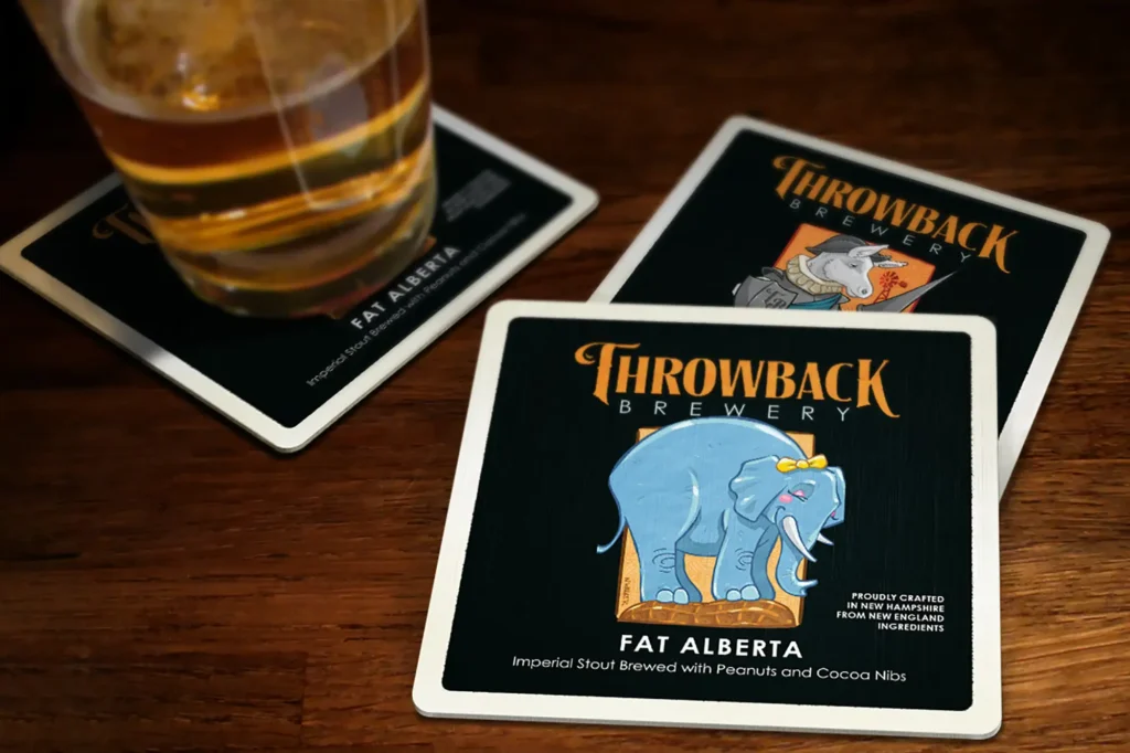 Throwback Brewery Fat Alberta artwork on beer coasters
