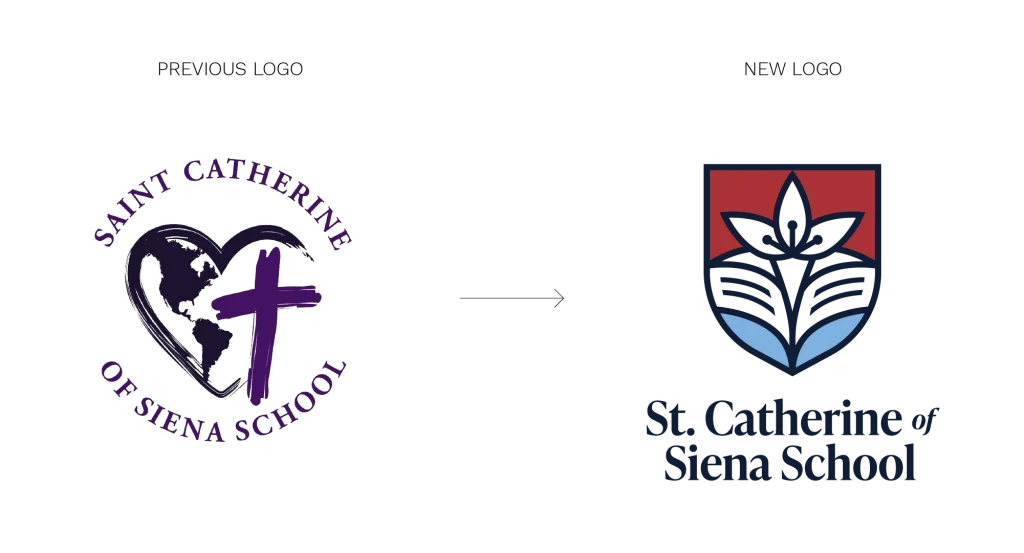 old St. Catherine of Siena logo on left and new logo to the right with an arrow in the middle of both